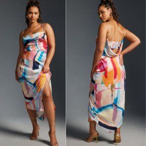 Anthropologie Cowl-Neck Ruched Side-Slit Slip Dress NWT 12